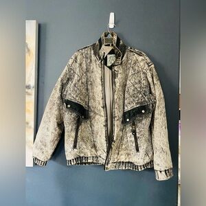 Men’s heavy duty black gray washed denim jean jacket zip up medium 38-40